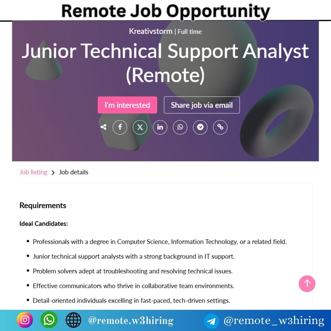 Kreativstorm Remote Job 2025 Hiring Junior Technical Support Analyst